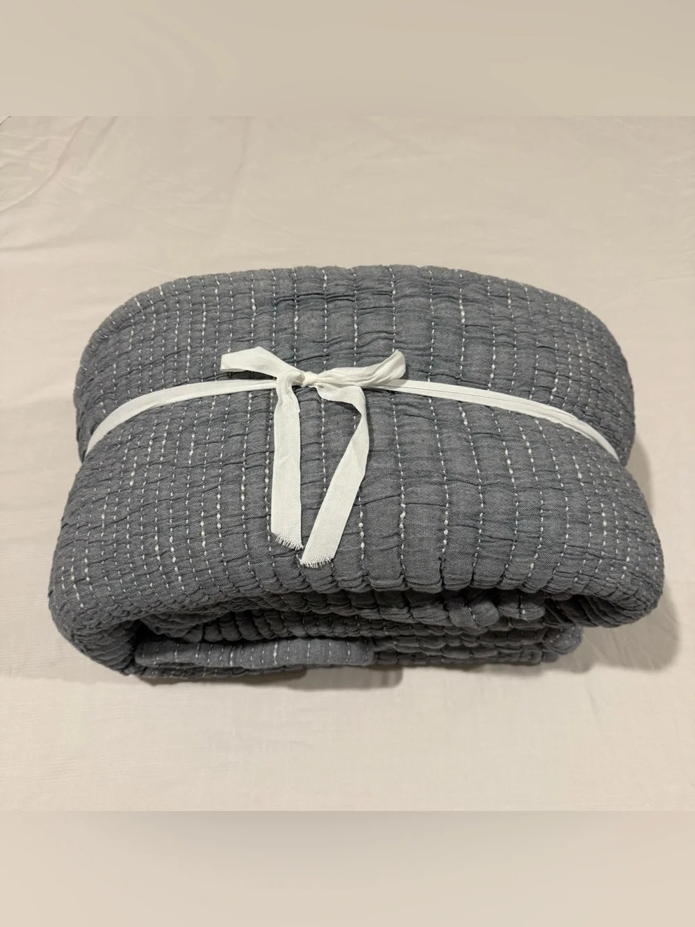 New Quince Organic Cotton Channel Stitch Coverlet Full/Queen - Blue MSRP $144